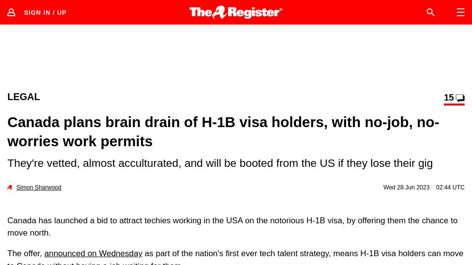 Screenshot of theregister.com: Canada plans brain drain of H-1B visa holders, with no-job, no-worries permits