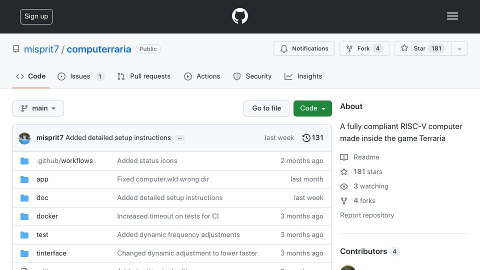 Screenshot of github.com: Computerraria: A fully compliant RISC-V computer inside Terraria
