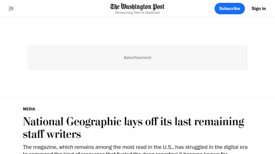 Screenshot of washingtonpost.com: National Geographic lays off its last remaining staff writers