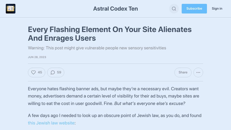 Screenshot of astralcodexten.substack.com: Flashing elements alienate users