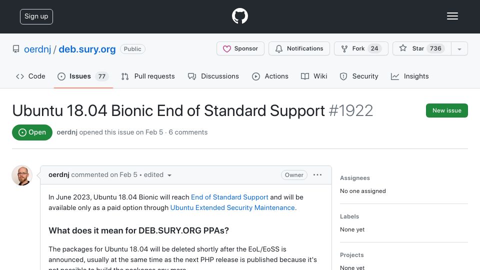 Screenshot of github.com: PHP packages for Ubuntu EOL releases put under paywall