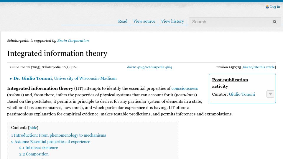 Screenshot of scholarpedia.org: Integrated Information Theory