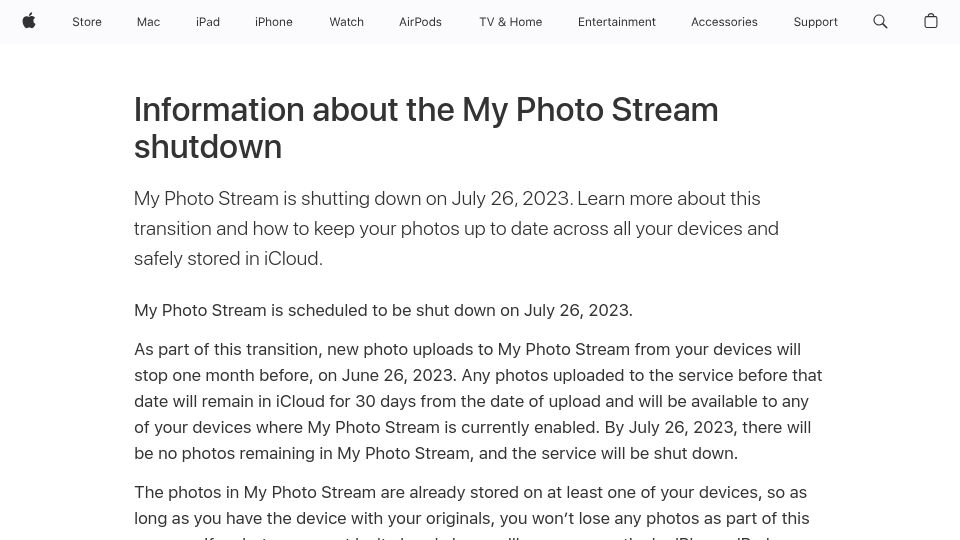 Screenshot of support.apple.com: Apple Shuts Down “My Photo Stream”