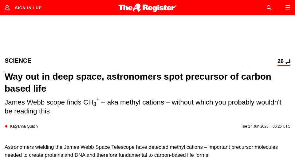 Screenshot of theregister.com: In deep space, astronomers spot precursor of carbon based life