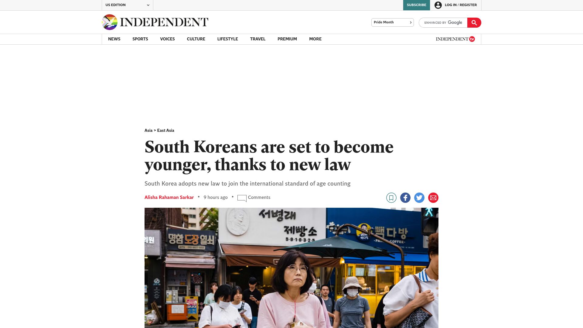 Screenshot of independent.co.uk: South Korea adopts new law to join the international standard of age counting