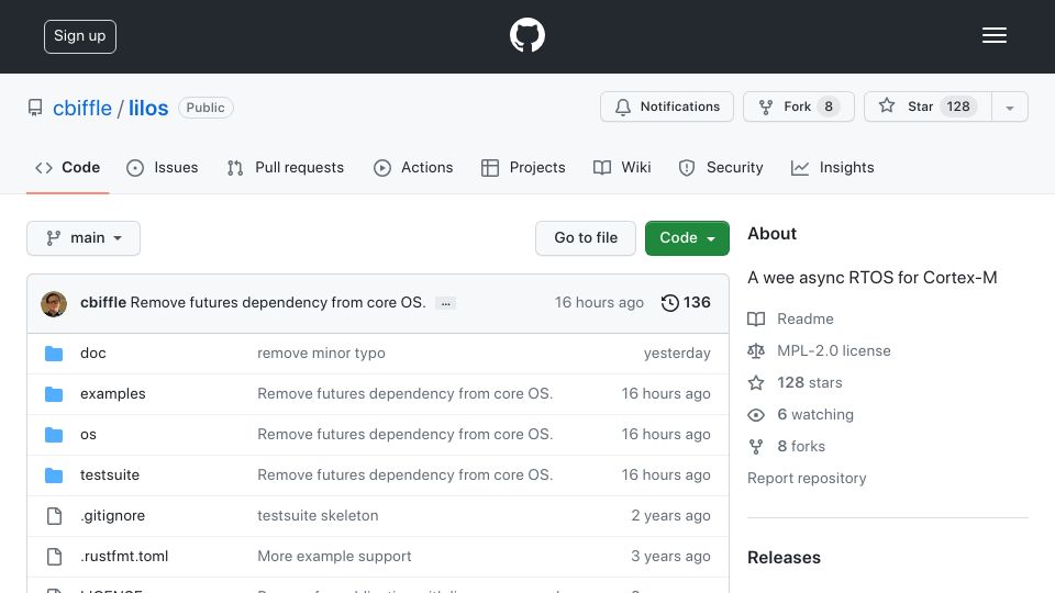 Screenshot of github.com: Lilos: A wee async RTOS for Cortex-M