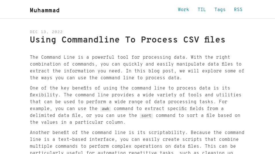 Screenshot of muhammadraza.me: Using command line to process CSV files (2022)