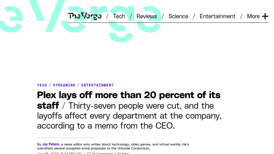 Screenshot of theverge.com: Plex lays off more than 20 percent of its staff