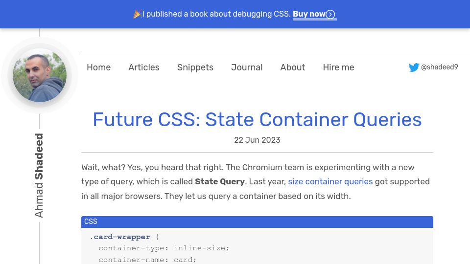 Screenshot of ishadeed.com: Future CSS: State Container Queries