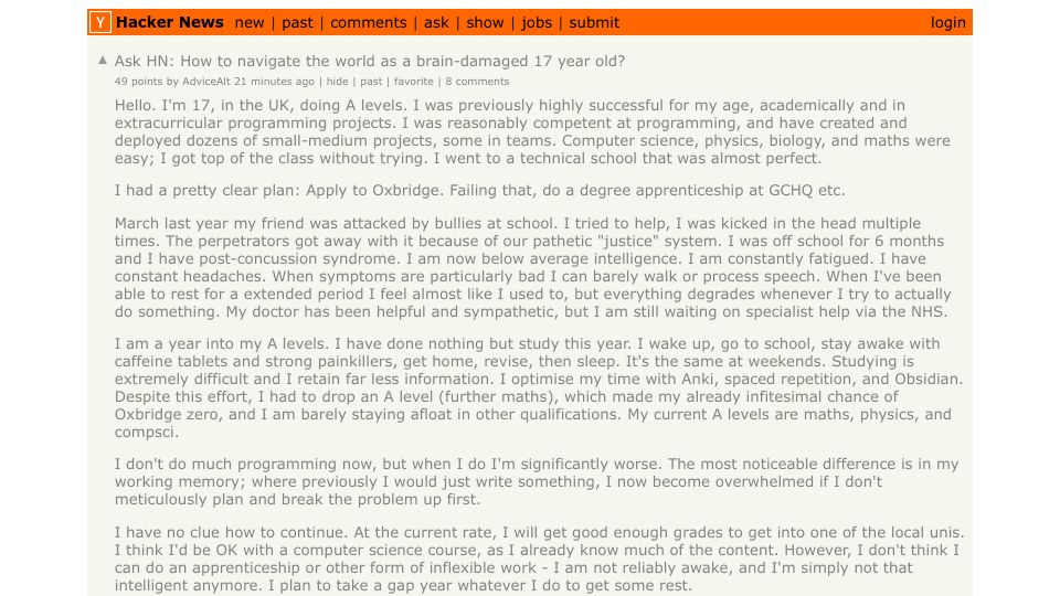 Screenshot of Hacker News post: Ask HN: How to navigate the world as a brain-damaged 17 year old?