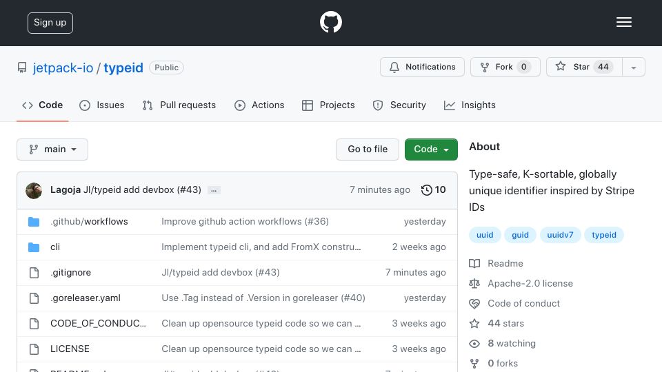 Screenshot of github.com: Type-safe, K-sortable, globally unique identifier inspired by Stripe IDs
