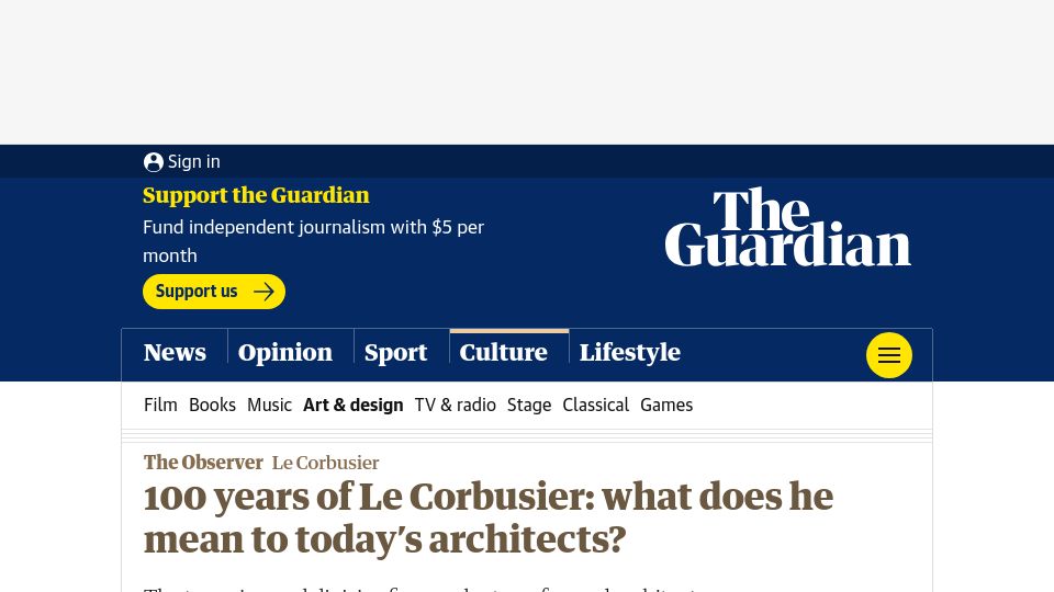 Screenshot of theguardian.com: 100 years of Le Corbusier: what does he mean to today’s architects?