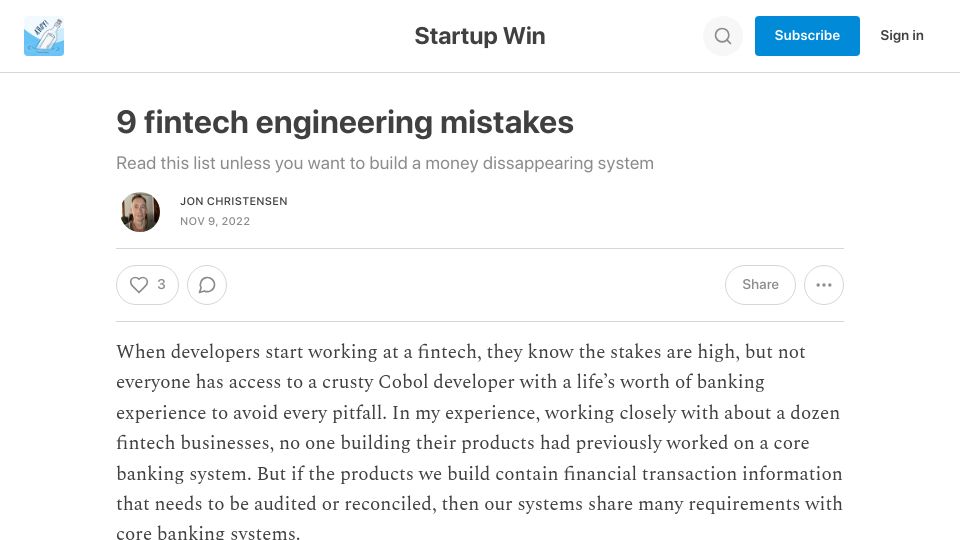 Screenshot of startupwin.kelsus.com: Fintech engineering mistakes (2022)
