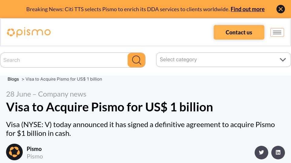 Screenshot of pismo.io: Visa to acquire Brazilian startup Pismo for $1B