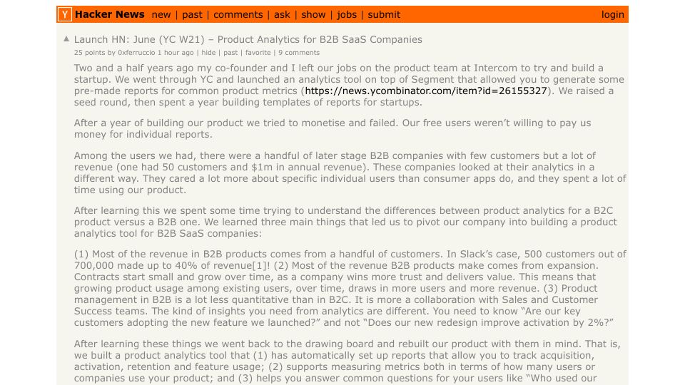 Screenshot of Hacker News post: Launch HN: June (YC W21) – Product Analytics for B2B SaaS Companies