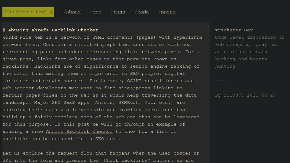 Screenshot of trickster.dev: Abusing Ahrefs backlink checker