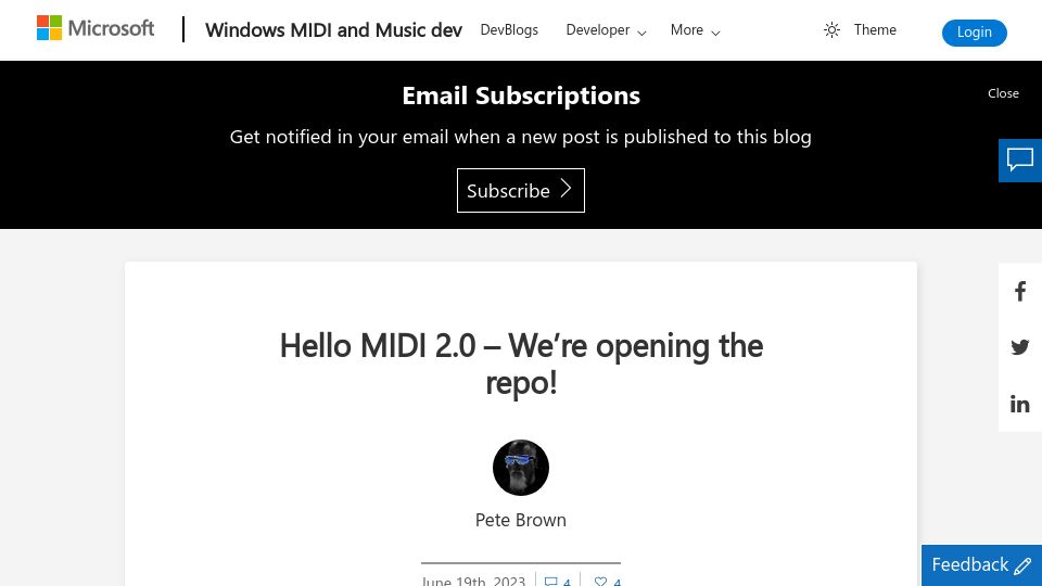 Screenshot of devblogs.microsoft.com: Microsoft opens MIDI 2.0 repo