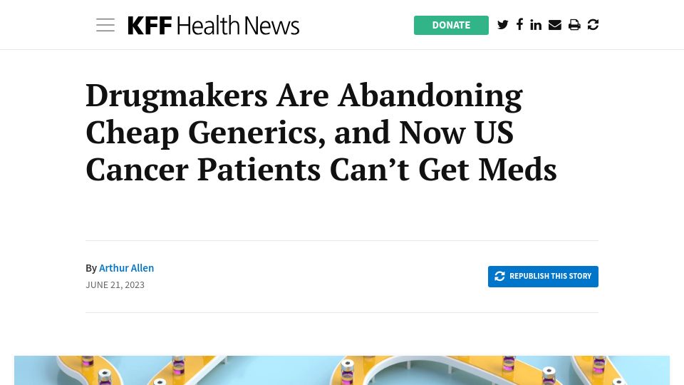 Screenshot of kffhealthnews.org: Drugmakers are abandoning cheap generics