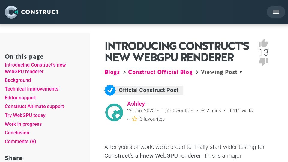 Screenshot of construct.net: Construct's New WebGPU Renderer