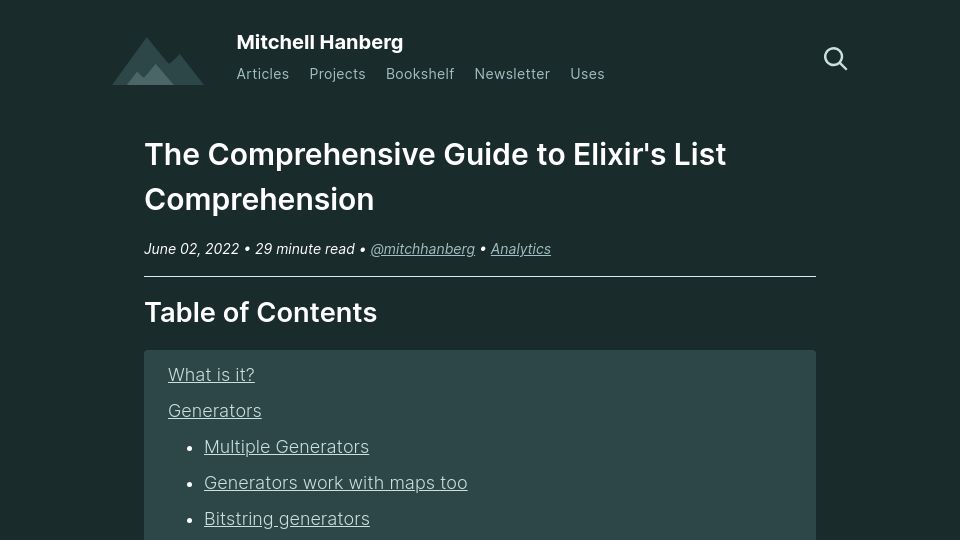 Screenshot of mitchellhanberg.com: The Comprehensive Guide to Elixir's List Comprehension (2022)