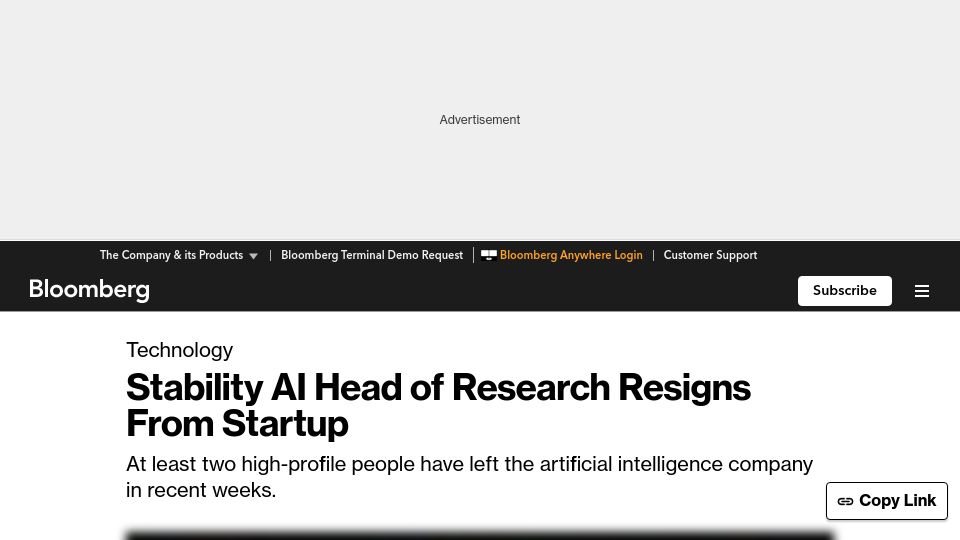 Screenshot of bloomberg.com: Stability AI Head of Research Resigns from Startup