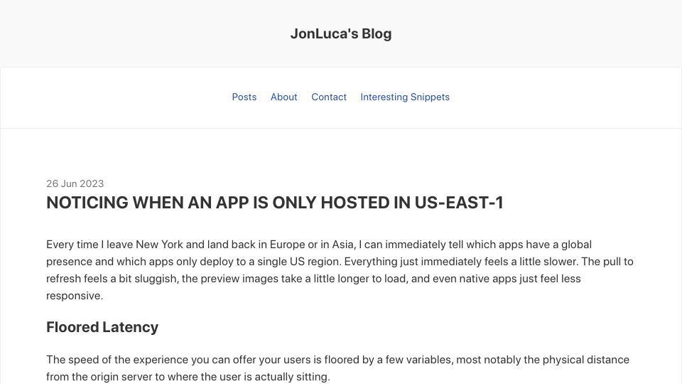 Screenshot of blog.jonlu.ca: Noticing when an app is only hosted in us-east-1