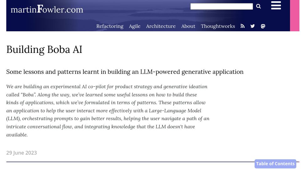 Screenshot of martinfowler.com: Building Boba AI: Lessons learnt in building an LLM-powered application