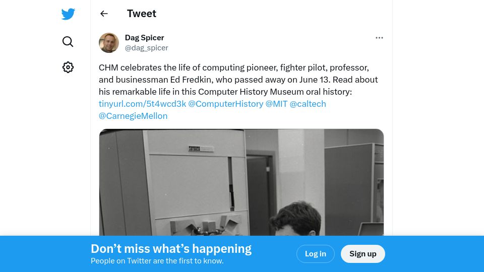 Screenshot of twitter.com: Ed Fredkin has died