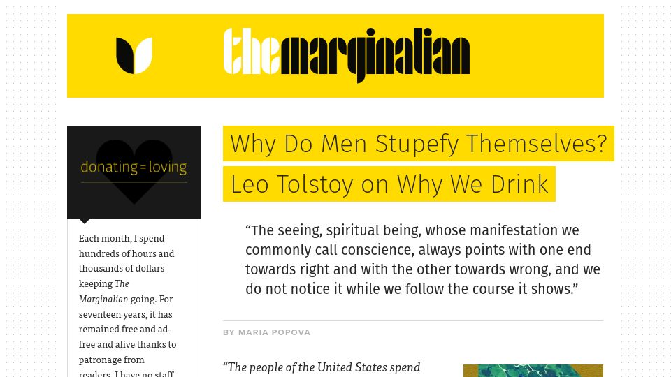 Screenshot of themarginalian.org: Leo Tolstoy on why people drink (2014)