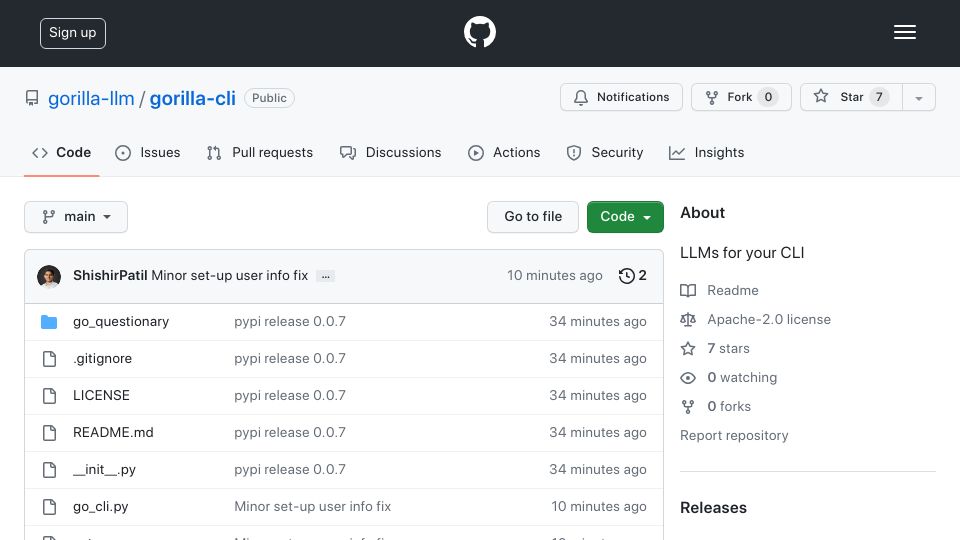 Screenshot of github.com: Gorilla-CLI: LLMs for CLI including K8s/AWS/GCP/Azure/sed and 1500 APIs