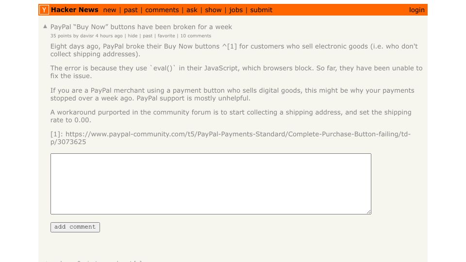 Screenshot of Hacker News post: PayPal “Buy Now” buttons have been broken for a week