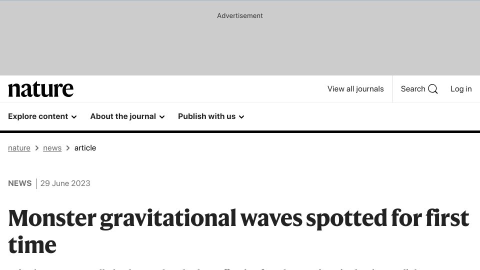 Screenshot of nature.com: Monster gravitational waves spotted for first time