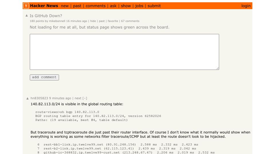 Screenshot of Hacker News post: Ask HN: Is GitHub down?