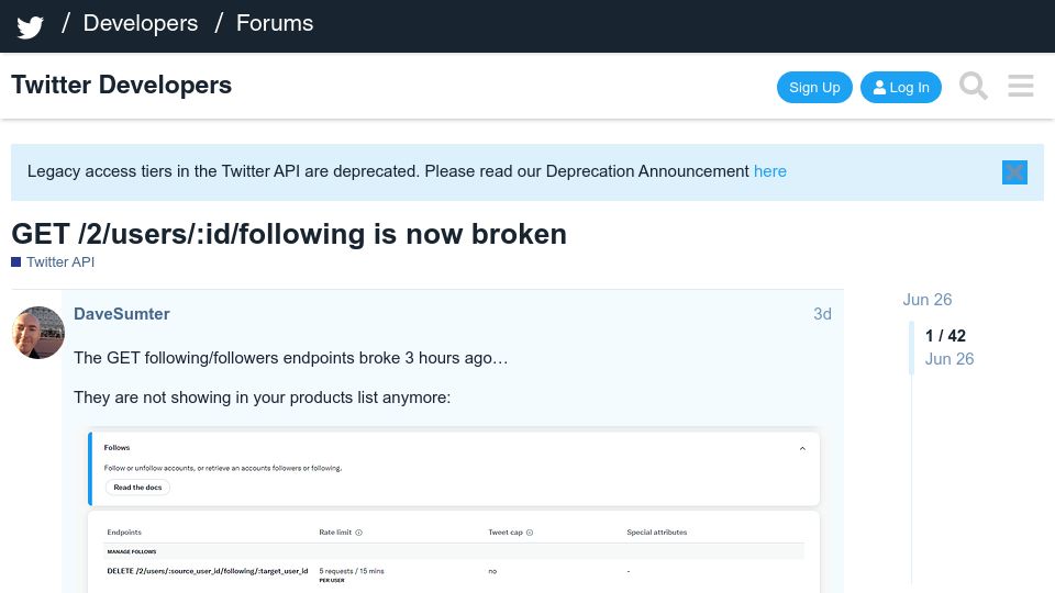 Screenshot of twittercommunity.com: Twitter removed API endpoints without any prior communication