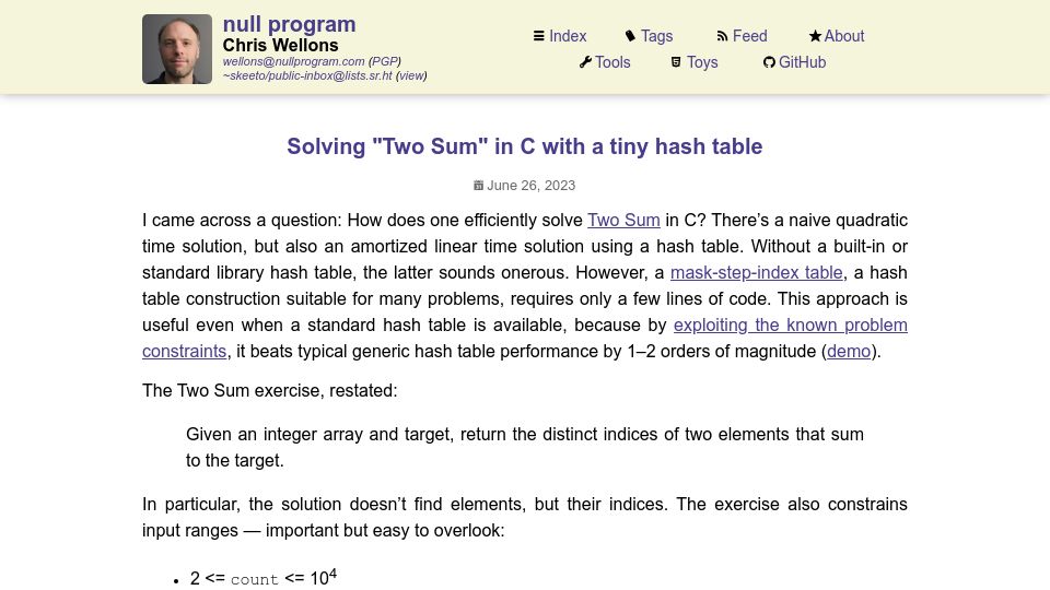 Screenshot of nullprogram.com: Solving “Two Sum” in C with a tiny hash table