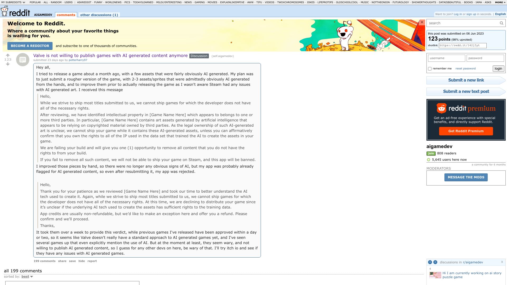 Screenshot of old.reddit.com: Valve bans games using AI generated graphics or text from Steam