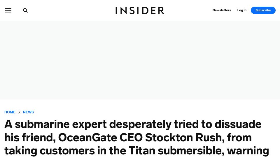 Screenshot of insider.com: Submarine expert tried to dissuade OceanGate CEO, from taking customers in Titan