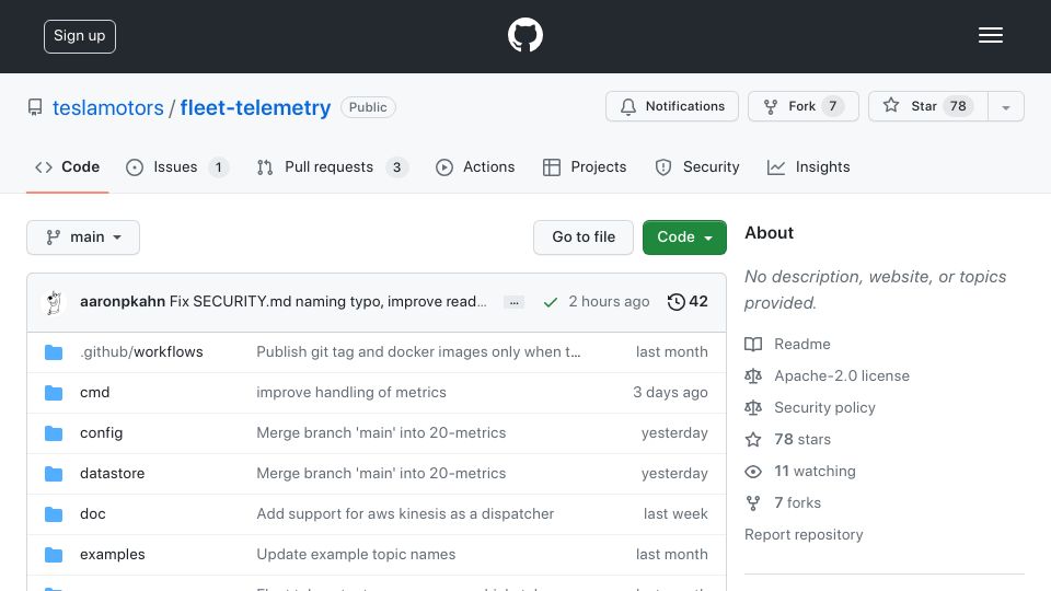 Screenshot of github.com: Tesla Fleet Telemetry