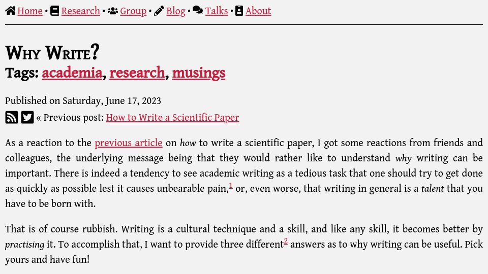 Screenshot of bastian.rieck.me: Why write?