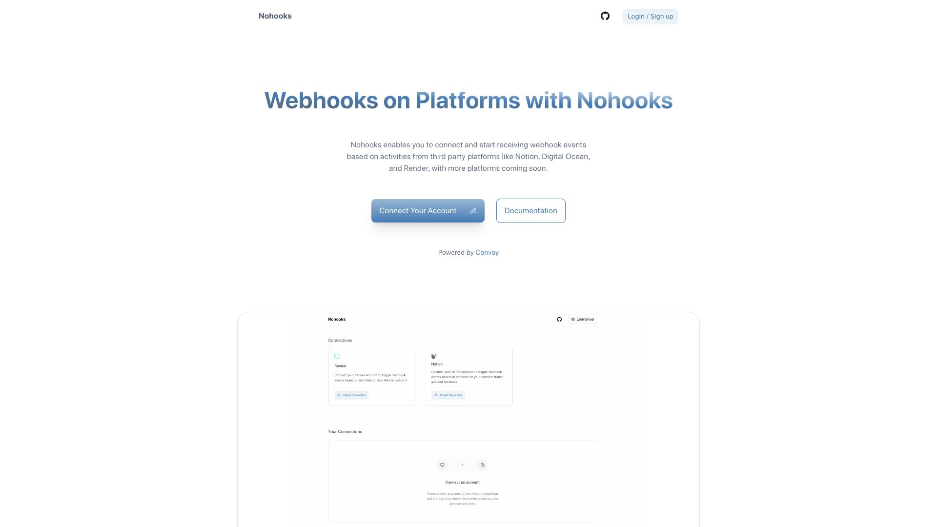Screenshot of nohooks.io: Show HN: Webhooks for platforms that do not natively support them