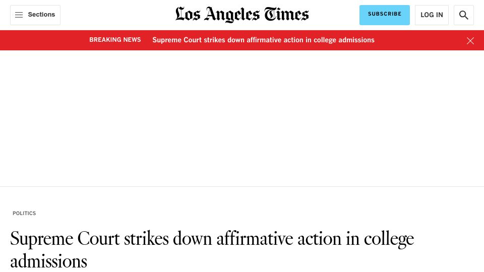 Screenshot of latimes.com: Supreme Court strikes down affirmative action in college admissions