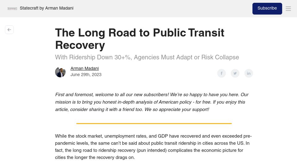 Screenshot of statecraft.beehiiv.com: BART ridership is still down nearly 70% from pre-Covid levels