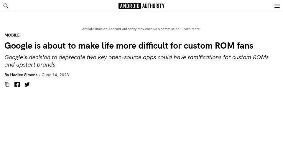 Screenshot of androidauthority.com: Google is about to make life more difficult for custom ROM fans