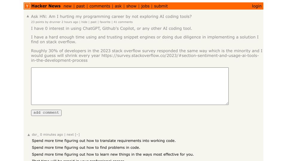 Screenshot of Hacker News post: Ask HN: Am I hurting my programming career by not exploring AI coding tools?