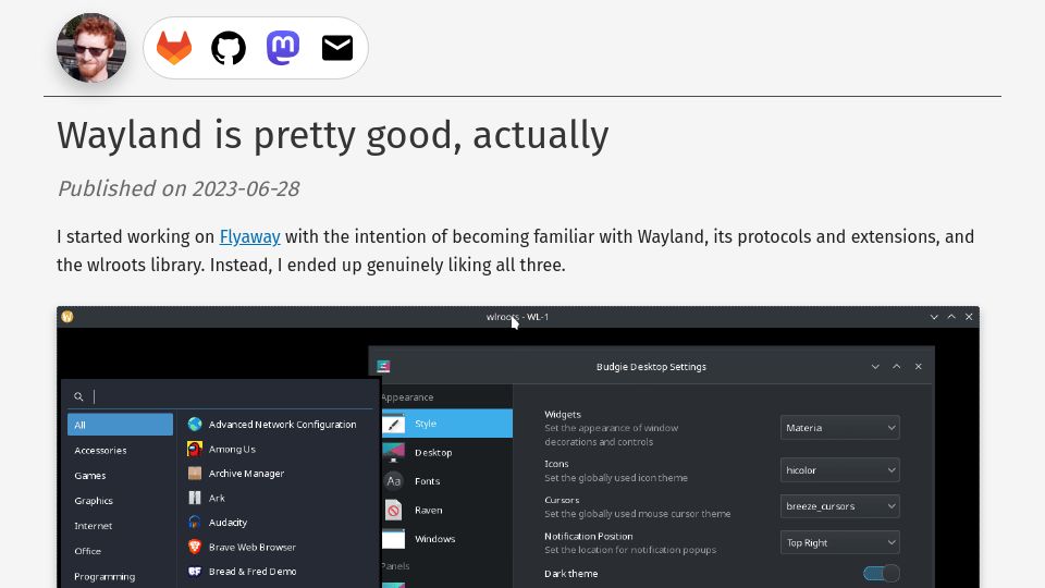 Screenshot of serebit.com: Wayland is pretty good