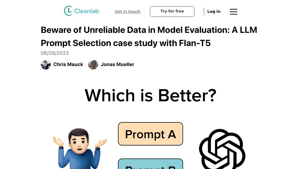 Screenshot of cleanlab.ai: Beware of Unreliable Data in Model Evaluation: A LLM Prompt Selection Case Study