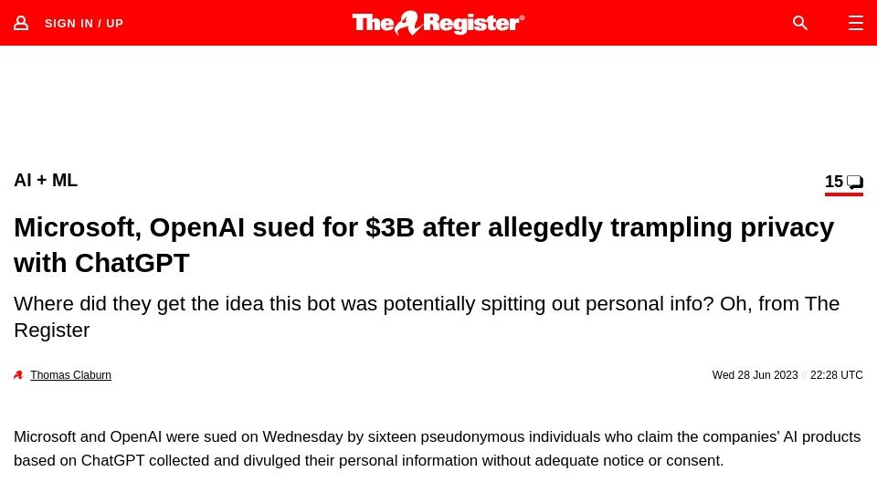 Screenshot of theregister.com: Microsoft, OpenAI sued for ChatGPT 'privacy violations'