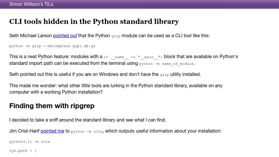 Screenshot of til.simonwillison.net: CLI tools hidden in the Python standard library
