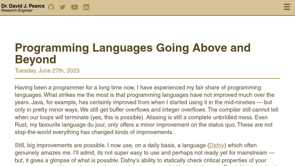 Screenshot of whileydave.com: Programming languages going above and beyond