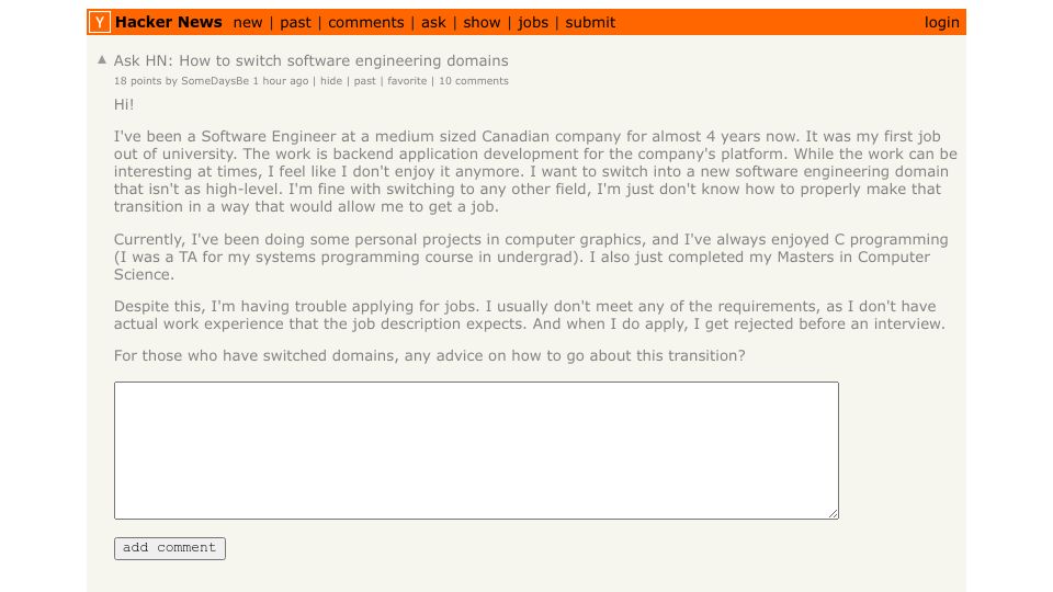 Screenshot of Hacker News post: Ask HN: How to switch software engineering domains